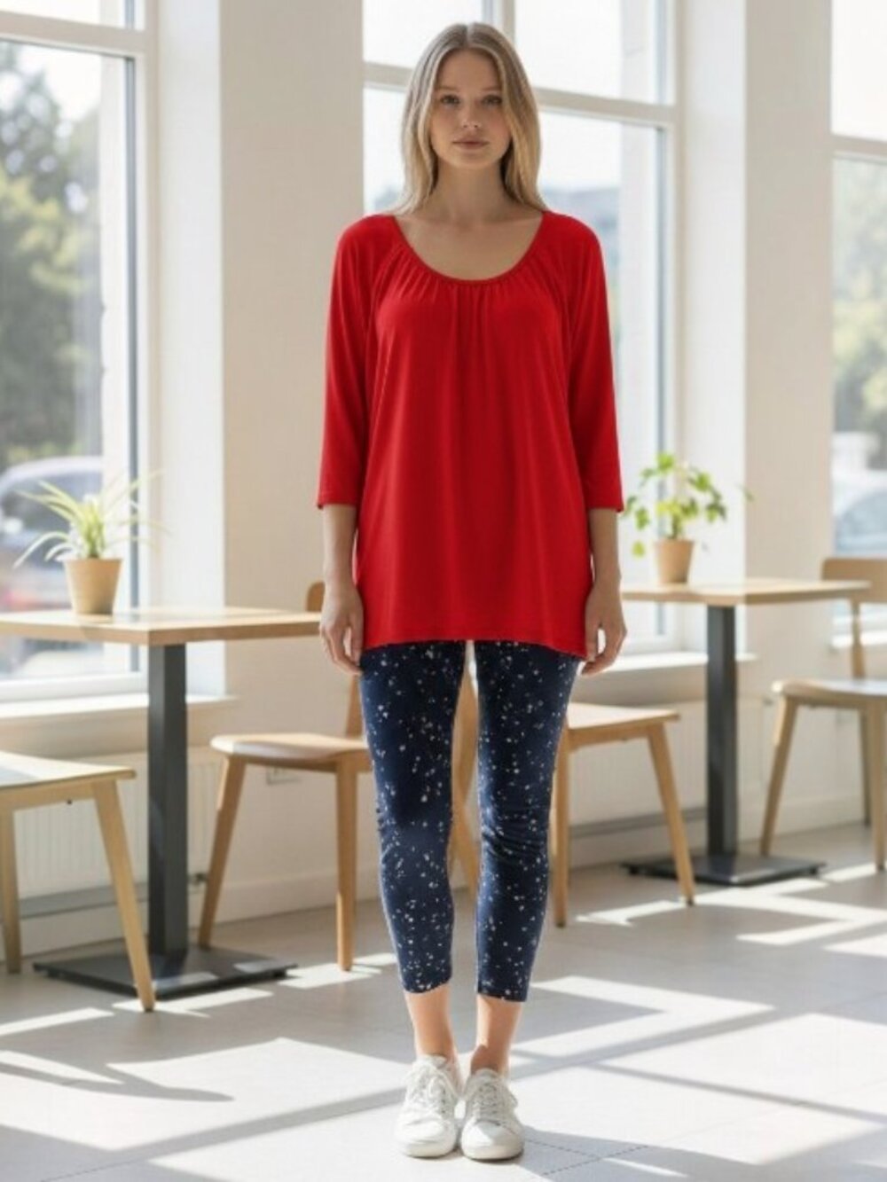 Red Cato Top with Navy & White Patterned Leggings 2x